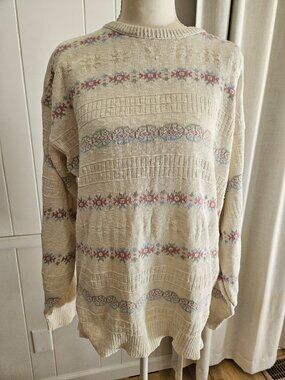 Vintage Isle of Cotton Floral Fair Isle Sweater Made in USA L